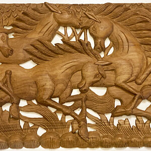Lovak burmai teak fa falikép művészi fafaragás 35x92 cm