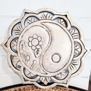 Jin-jang mandala fából készült falidísz (fehér-arany 30x30)